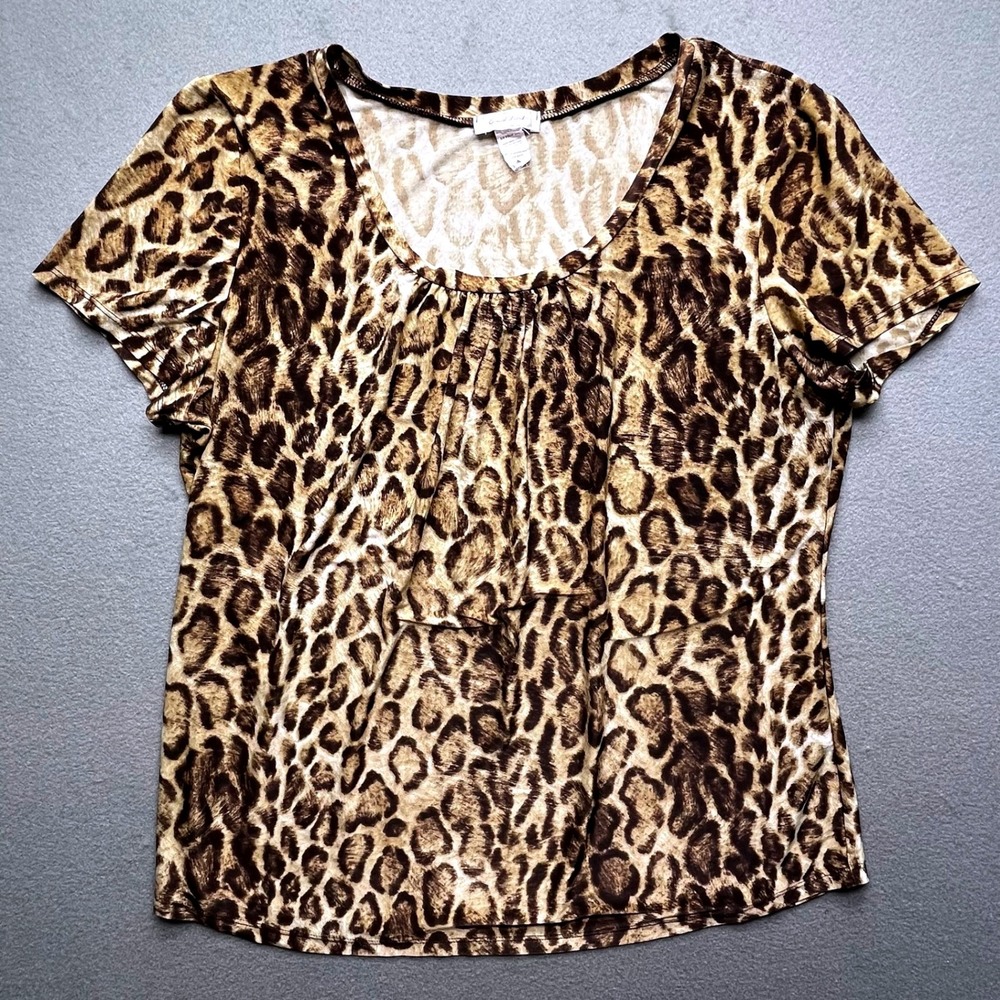Casual Land Women Leopard Print Stretch Top S Animal Pattern Ruched‎ Scoop Neck